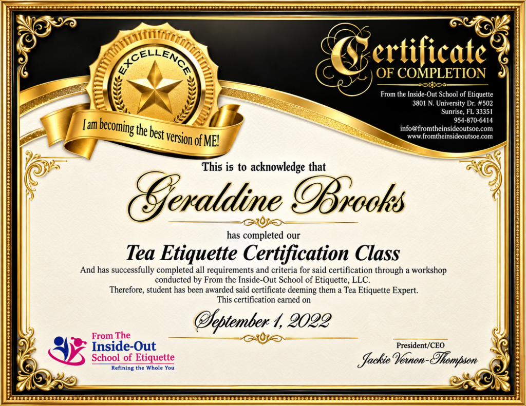 Gold ornate tea etiquette certificate of completion